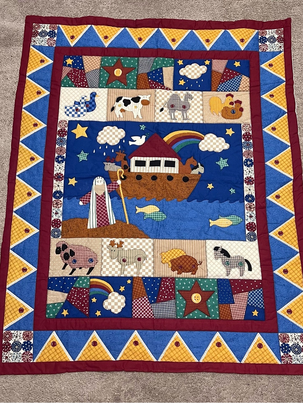 VTG Handmade Noah’s Ark Child’s Quilted Blanket 34x42” Folk Art Farmhouse